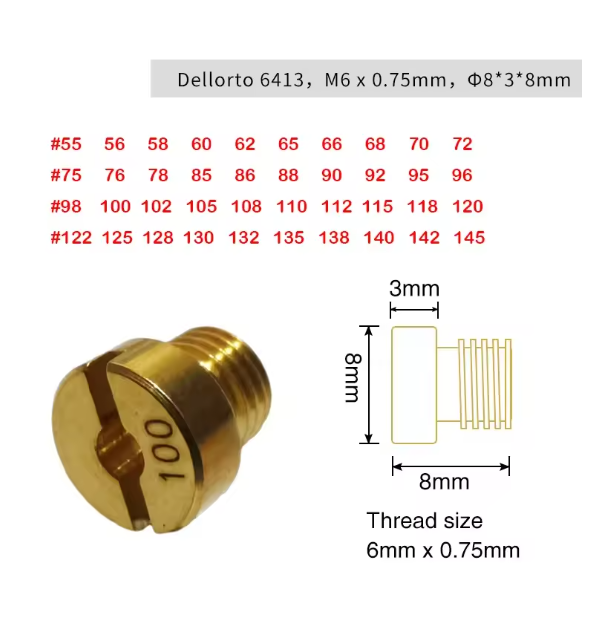 Surtidor principal de carburador para Dellorto PHBH PHBL FRD PHF VHB VHSH, kit de inyectores de 10 unidades, tamaño 55-145, rosca M6 de 6 mm